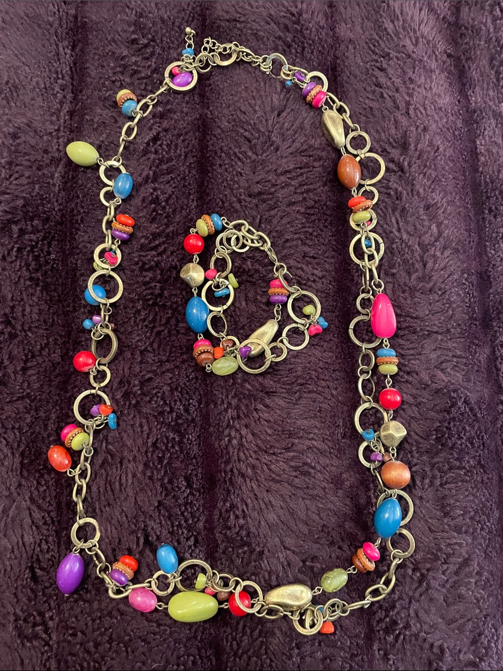 Premier Designs Bright Multicolor Bead Link Necklace and Bracelet Set